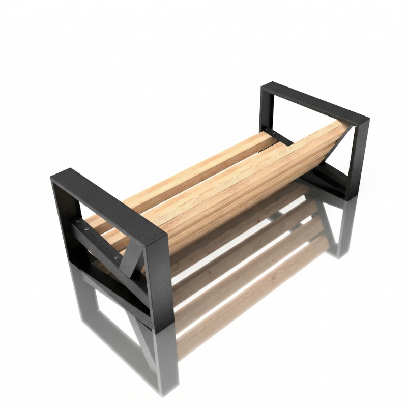 Wooden bench with black metal frame on a white background