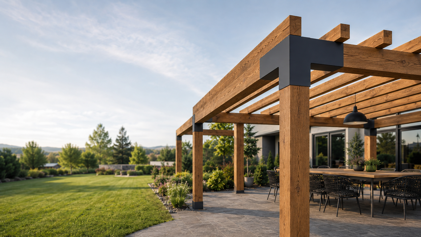 A modern wooden pergola with dark metal brackets supporting a patio table and dining chairs, set on a stone patio next to a green lawn under a blue sky.