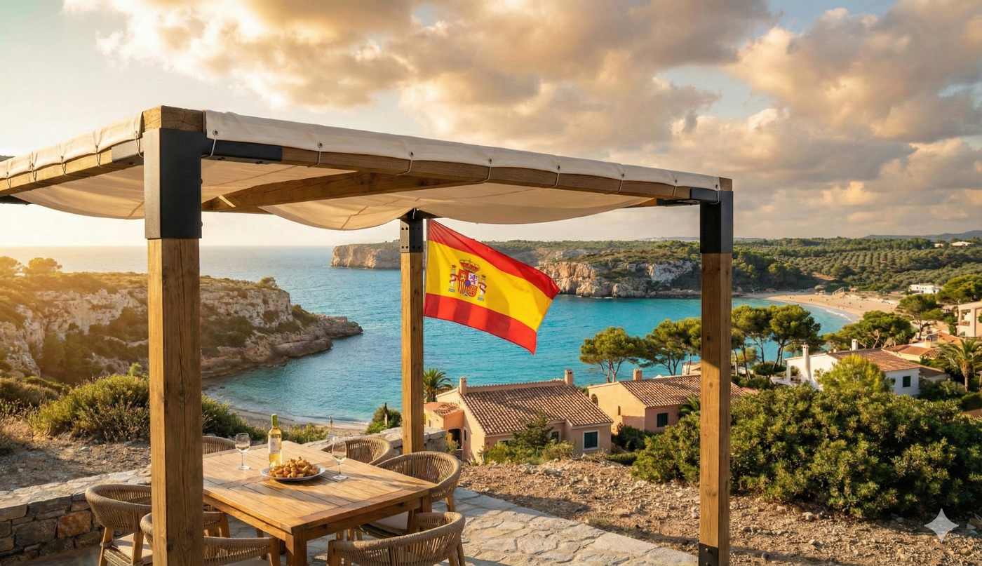 Flag of Spain waving on a wooden pergola with a scenic view of a beach and ocean.
