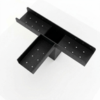 Black metal bracket with multiple holes on a white background